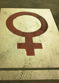 Das Bild stellt ein auf die Straße gezeichnetes Weiblichkeitszeichen in rot auf weißem Grund dar